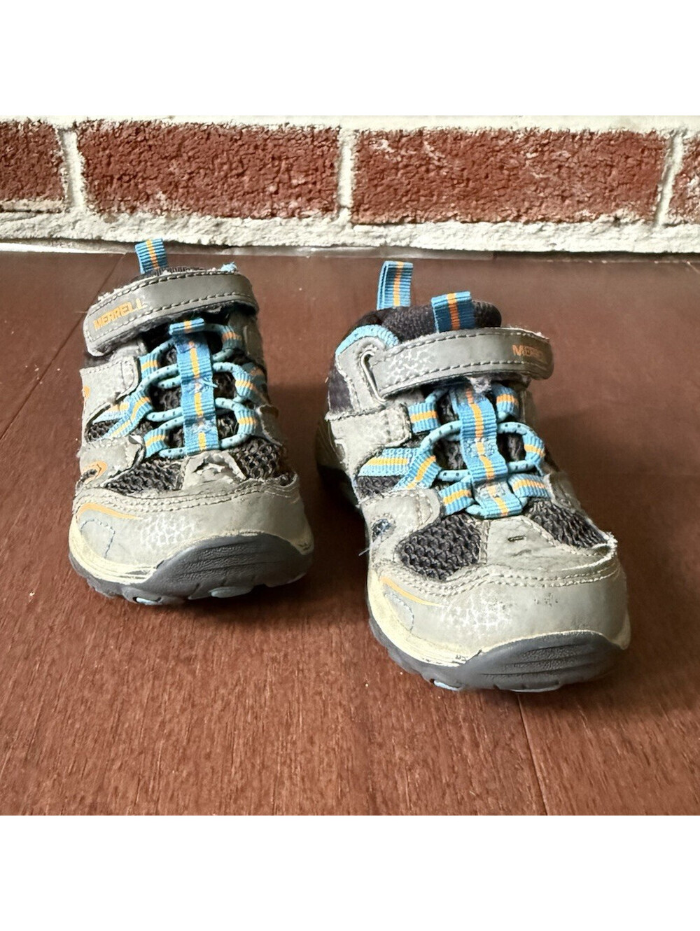 Merrell Kids Athletic Sneakers Gray/Blue/Orange Hook & Loop Mesh Low Top